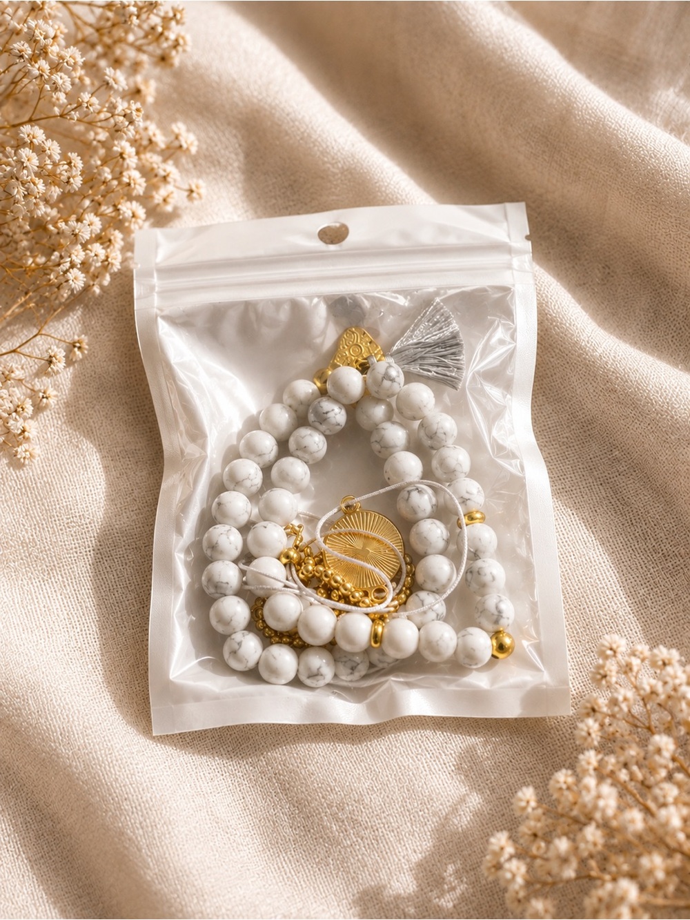 White Howlite Bead Bracelet Set with Gold Accents